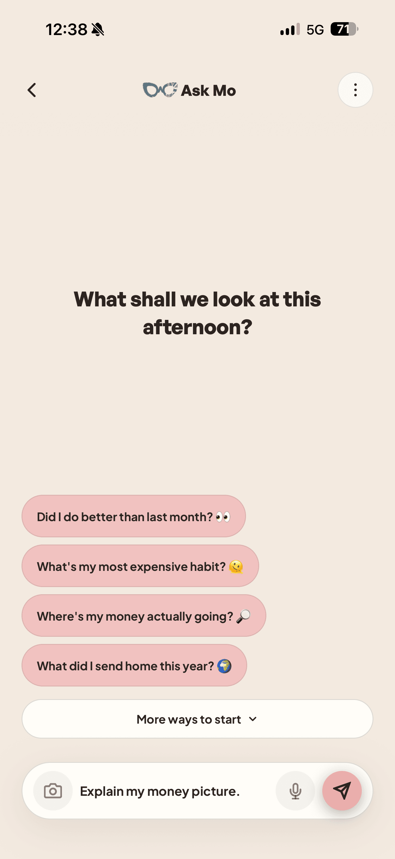 WealthMotley Ask Mo chat with plain-English starter questions on a Google Pixel 10 Pro