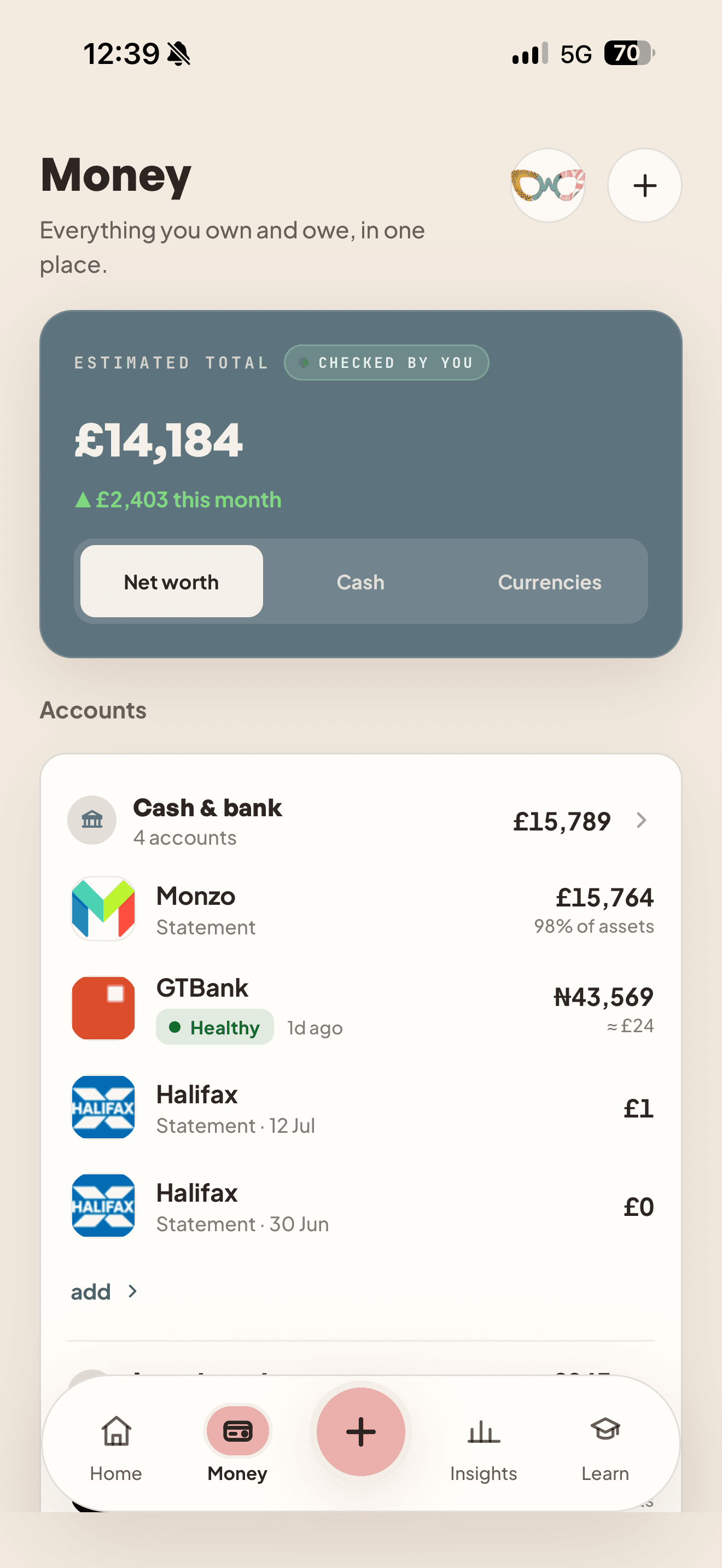 WealthMotley Money screen showing cash, savings and investments across currencies in one clear view on a Google Pixel 10 Pro