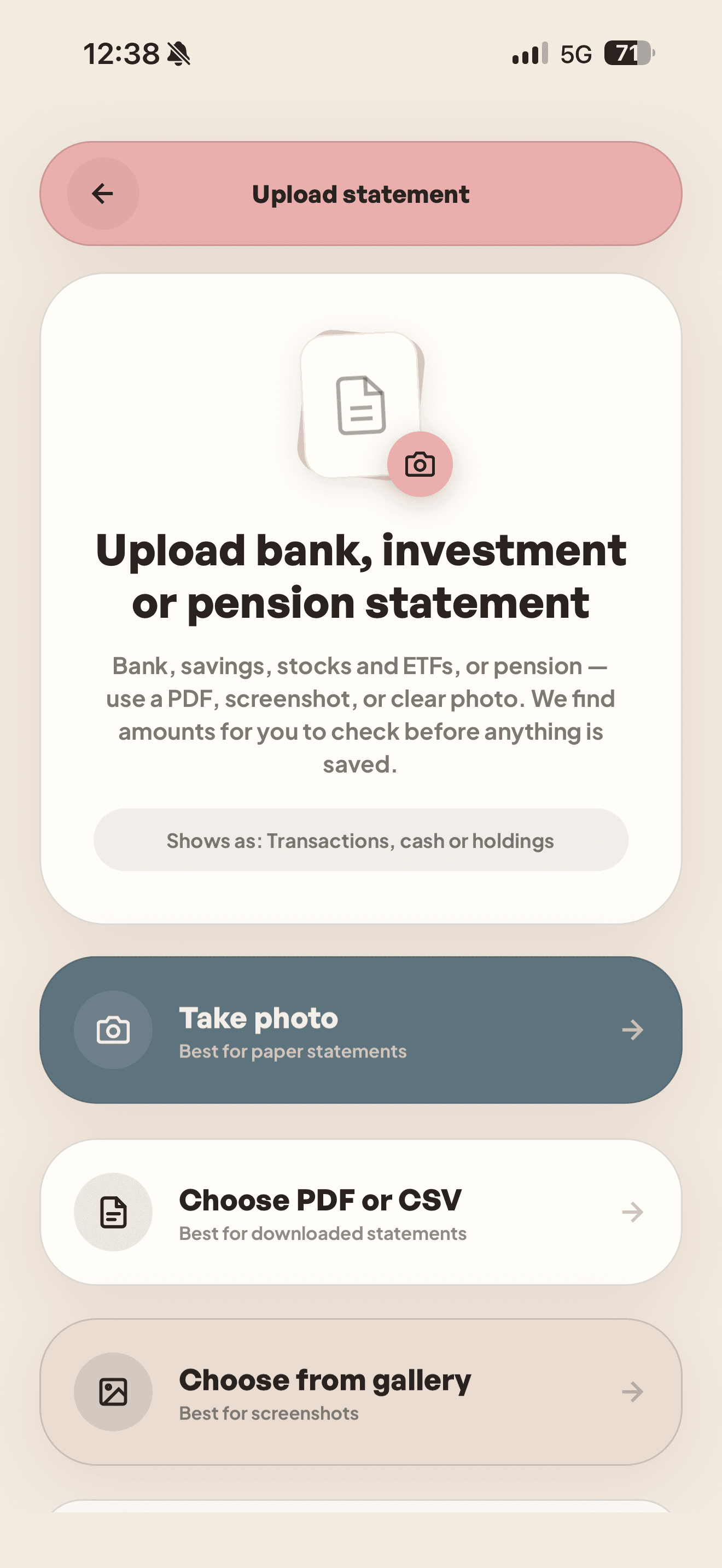 WealthMotley statement upload options on an iPhone 17 Pro Max